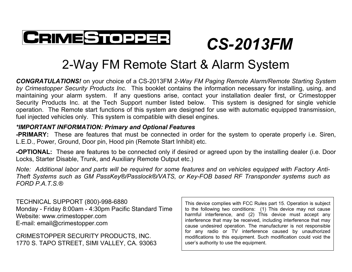 Crimestopper Security Products CS-2013FM User Manual | 26 pages