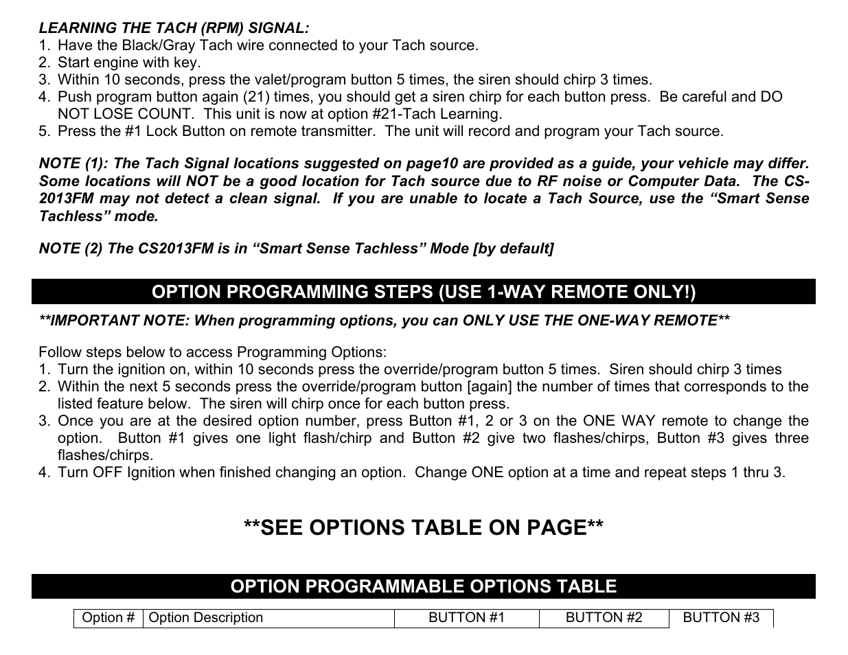 See options table on page, Option programming steps (use 1-way remote only!), Option programmable options table | Crimestopper Security Products CS-2013FM User Manual | Page 12 / 26