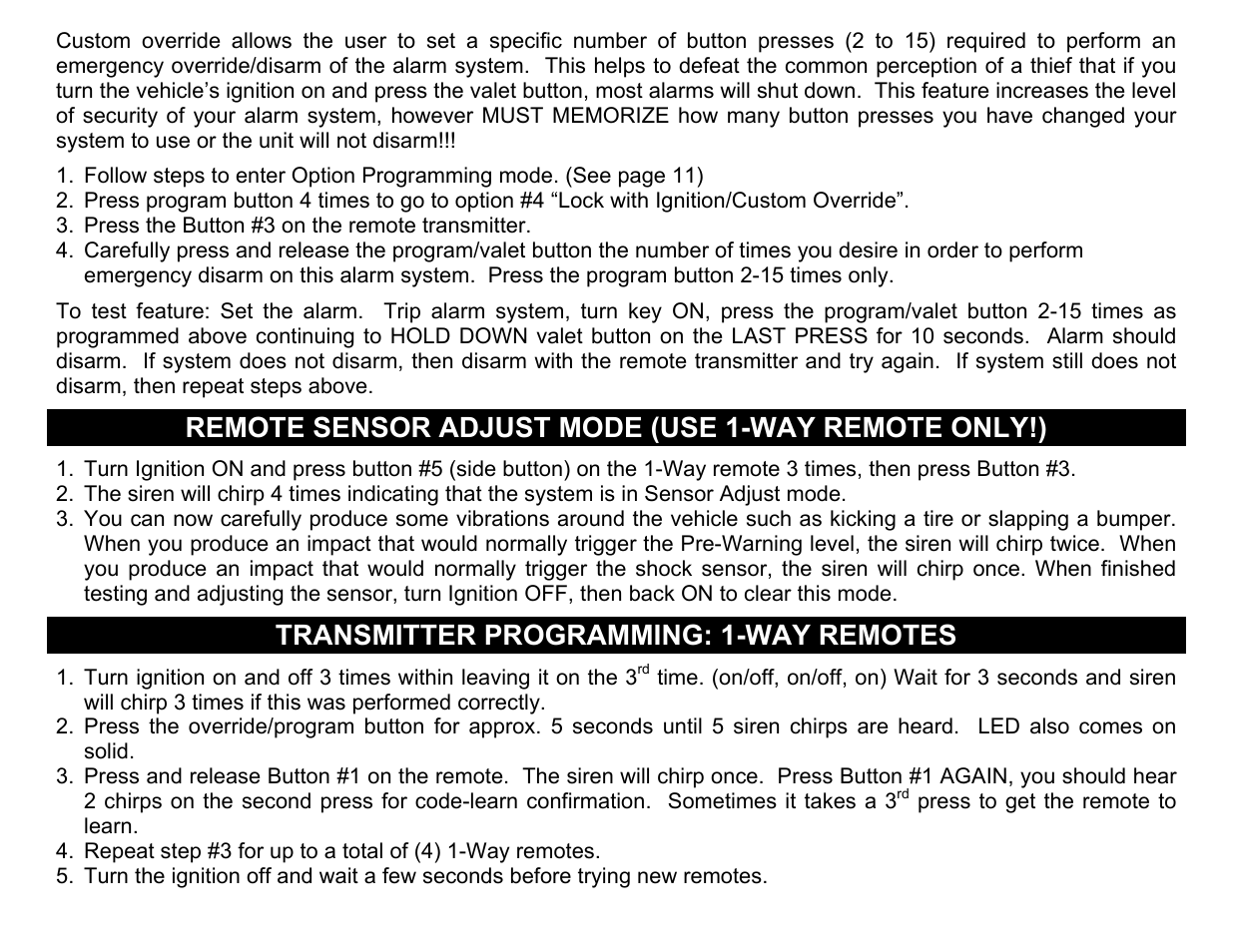 Remote sensor adjust mode (use 1-way remote only!), Transmitter programming: 1-way remotes | Crimestopper Security Products CS-2013FM User Manual | Page 17 / 26