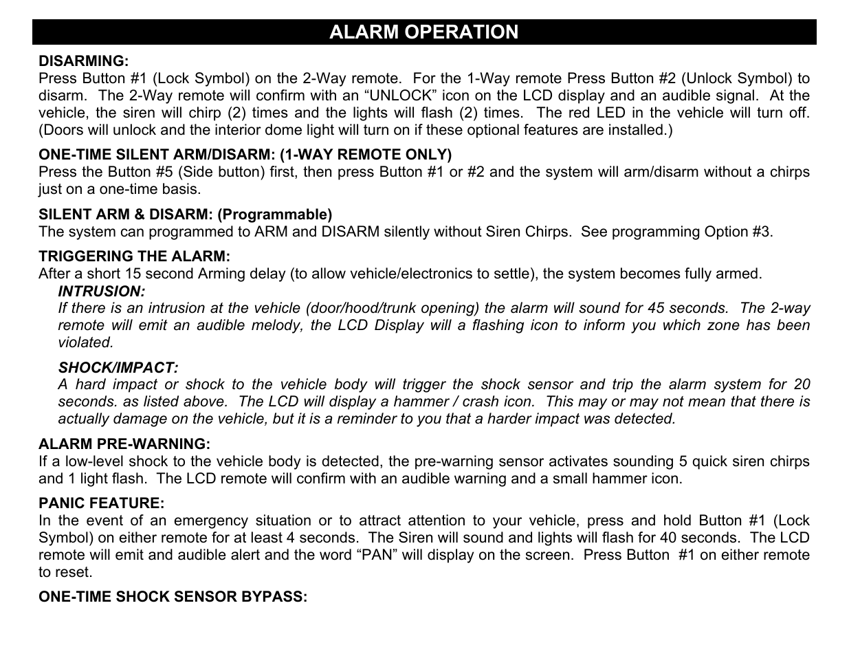 Alarm operation, One-time shock sensor bypass | Crimestopper Security Products CS-2013FM User Manual | Page 20 / 26