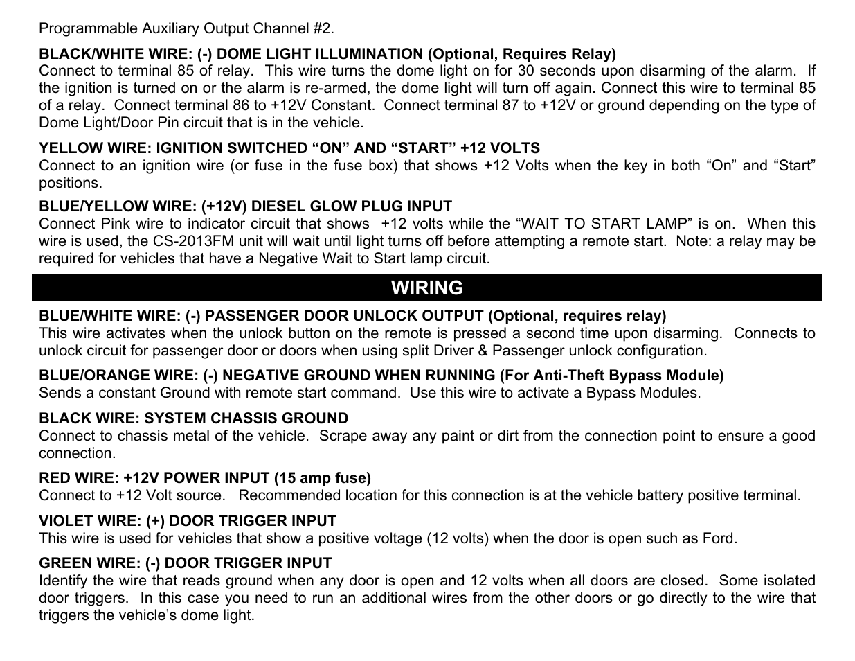 Blue/yellow wire: (+12v) diesel glow plug input, Wiring, Programmable auxiliary output channel #2 | Crimestopper Security Products CS-2013FM User Manual | Page 5 / 26