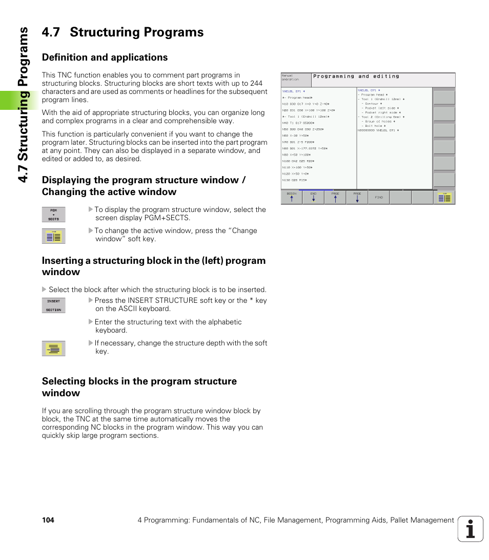 7 structuring programs, Definition and applications, Selecting blocks in the program structure window | HEIDENHAIN iTNC 530 (340 420) ISO programming User Manual | Page 104 / 505