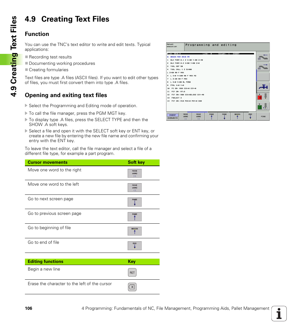 9 creating text files, Function, Opening and exiting text files | 9 cr eating t ext files 4.9 creating text files | HEIDENHAIN iTNC 530 (340 420) ISO programming User Manual | Page 106 / 505