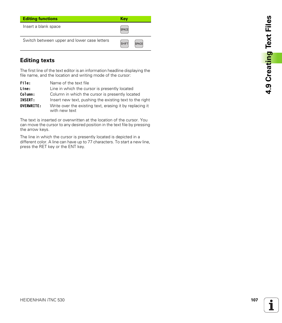 Editing texts, 9 cr eating t ext files | HEIDENHAIN iTNC 530 (340 420) ISO programming User Manual | Page 107 / 505