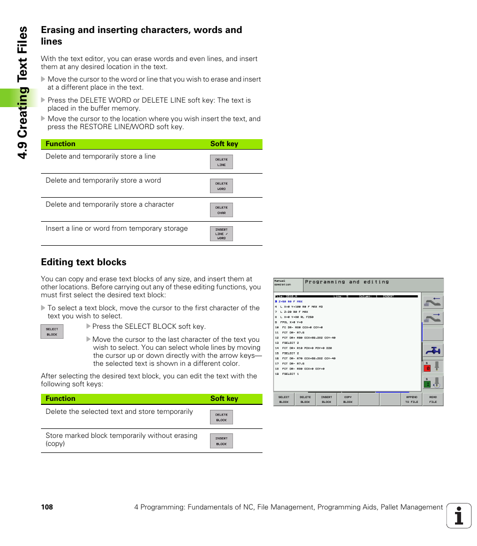 Erasing and inserting characters, words and lines, Editing text blocks, 9 cr eating t ext files | HEIDENHAIN iTNC 530 (340 420) ISO programming User Manual | Page 108 / 505