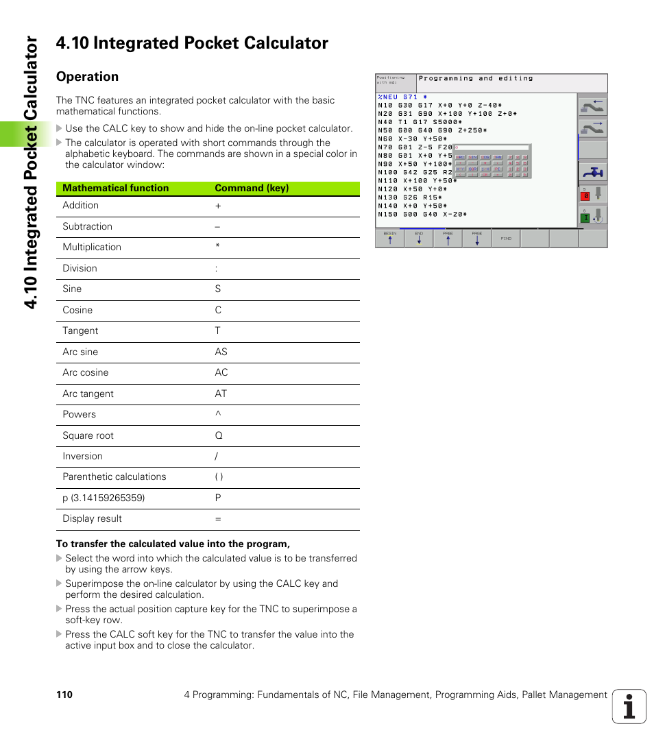 10 integrated pocket calculator, Operation | HEIDENHAIN iTNC 530 (340 420) ISO programming User Manual | Page 110 / 505