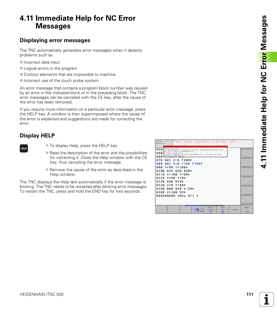 11 immediate help for nc error messages, Displaying error messages, Display help | HEIDENHAIN iTNC 530 (340 420) ISO programming User Manual | Page 111 / 505