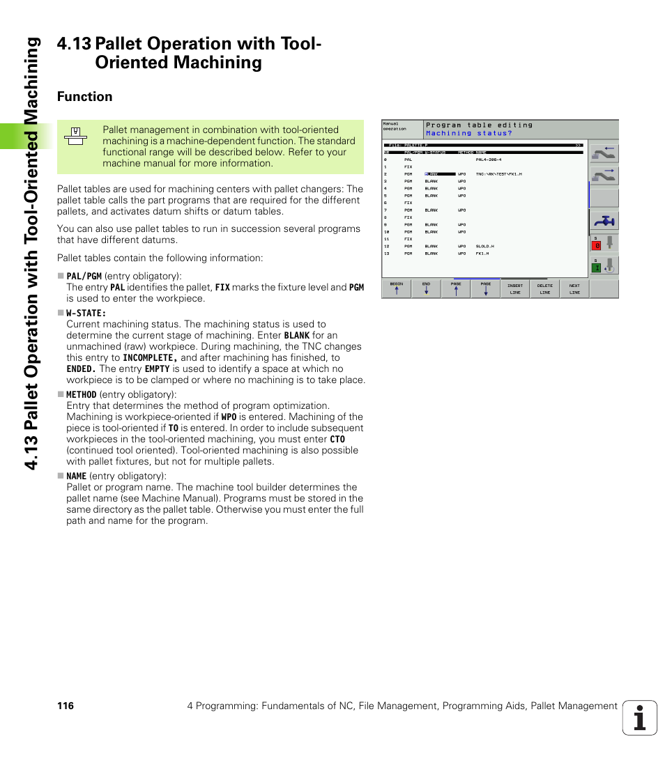 13 pallet operation with tool- oriented machining, Function, 13 pallet operation with tool-oriented machining | HEIDENHAIN iTNC 530 (340 420) ISO programming User Manual | Page 116 / 505