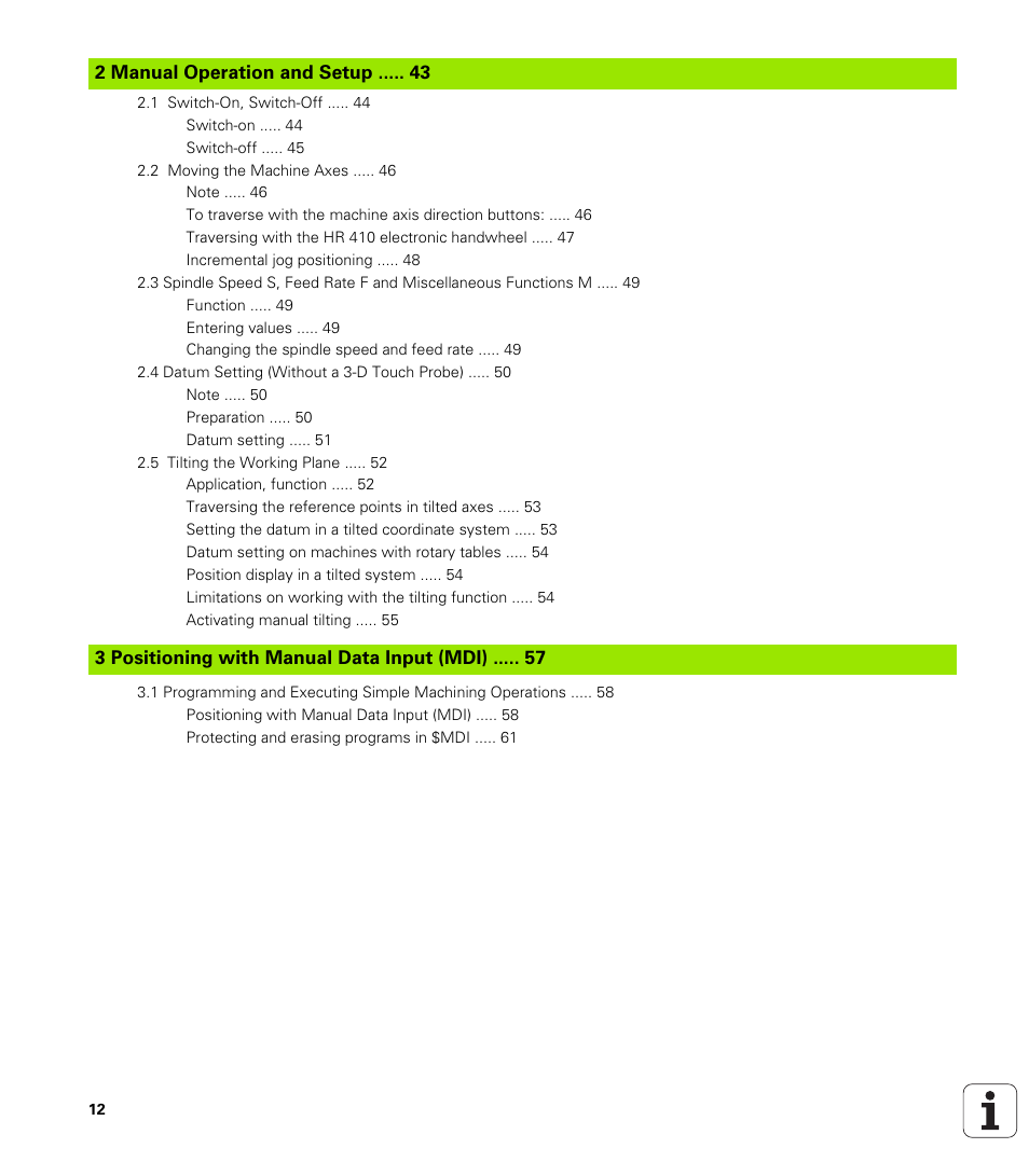 Manual operation and setup, Positioning with manual data input (mdi) | HEIDENHAIN iTNC 530 (340 420) ISO programming User Manual | Page 12 / 505