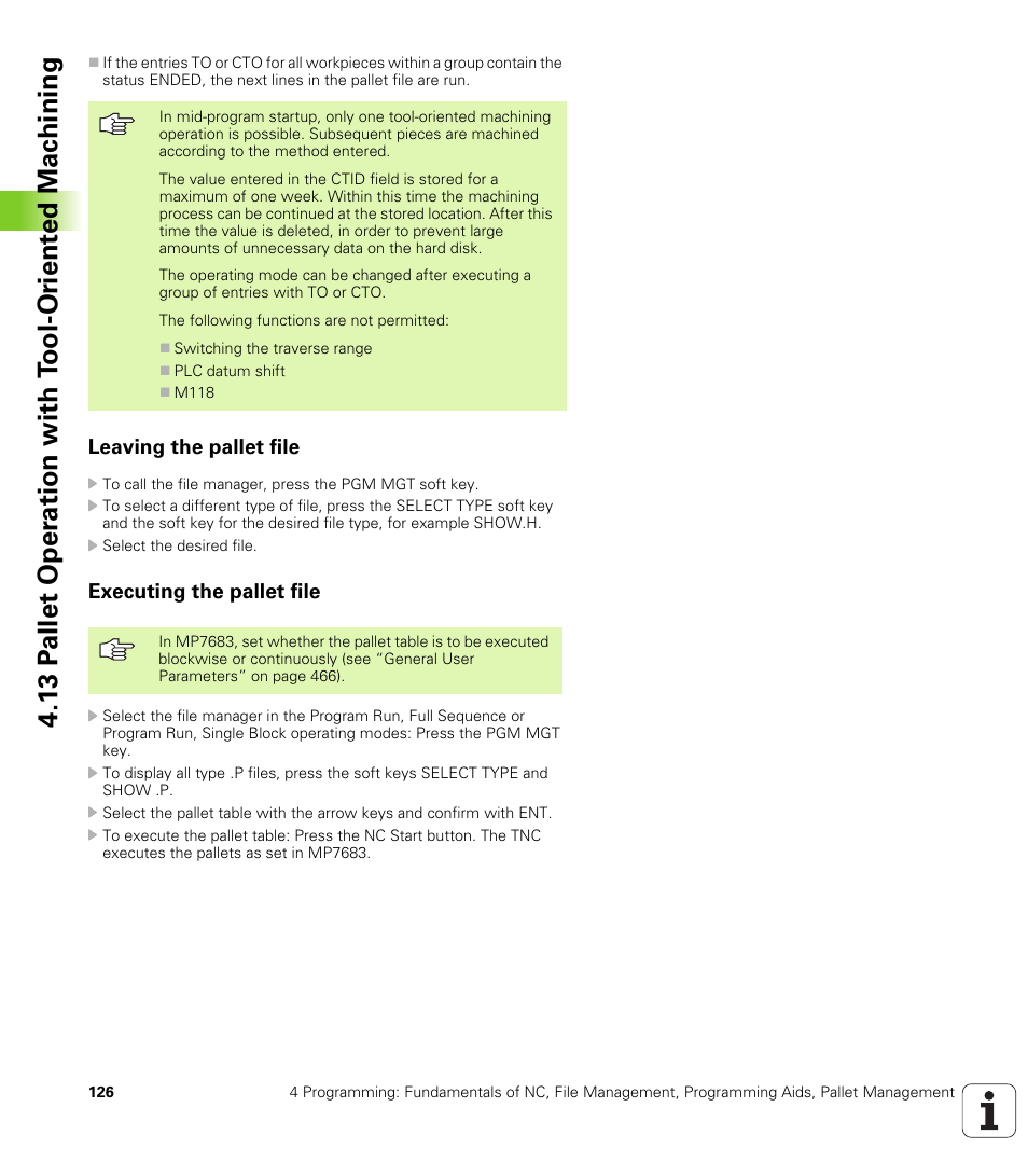 Leaving the pallet file, Executing the pallet file | HEIDENHAIN iTNC 530 (340 420) ISO programming User Manual | Page 126 / 505