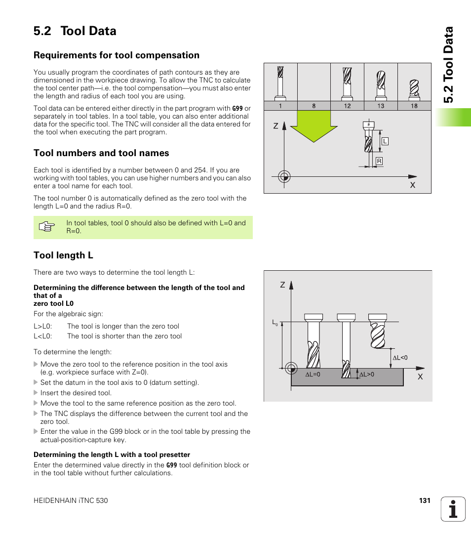 2 tool data, Requirements for tool compensation, Tool numbers and tool names | Tool length l, 2 t ool d a ta 5.2 tool data | HEIDENHAIN iTNC 530 (340 420) ISO programming User Manual | Page 131 / 505