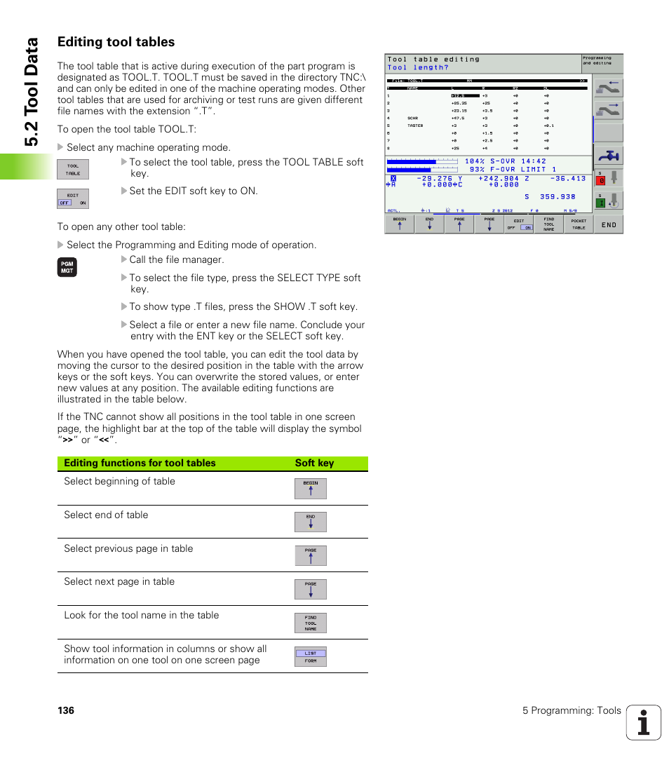 Editing tool tables, 2 t ool d a ta | HEIDENHAIN iTNC 530 (340 420) ISO programming User Manual | Page 136 / 505