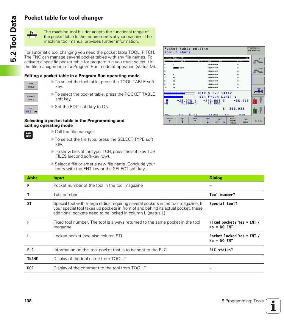 Pocket table for tool changer, 2 t ool d a ta | HEIDENHAIN iTNC 530 (340 420) ISO programming User Manual | Page 138 / 505