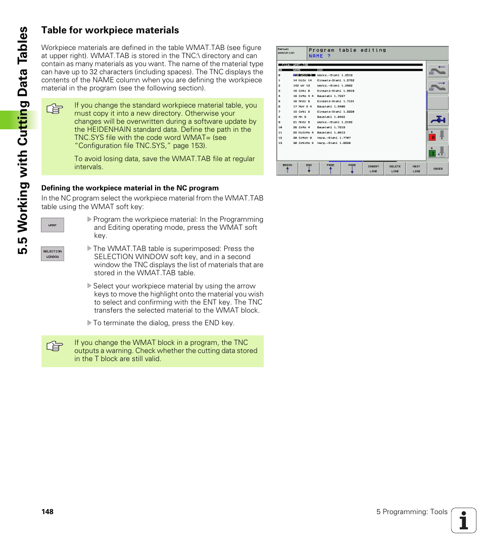 Table for workpiece materials, 5 w o rk ing with cut ting d a ta t a bles | HEIDENHAIN iTNC 530 (340 420) ISO programming User Manual | Page 148 / 505