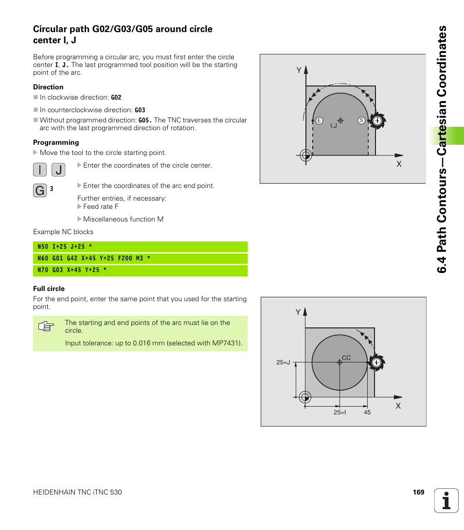 G02 g03, J , k or additional circular radius r, Rotation | 4 p a th cont ours—car te sian coor dinat e s | HEIDENHAIN iTNC 530 (340 420) ISO programming User Manual | Page 169 / 505