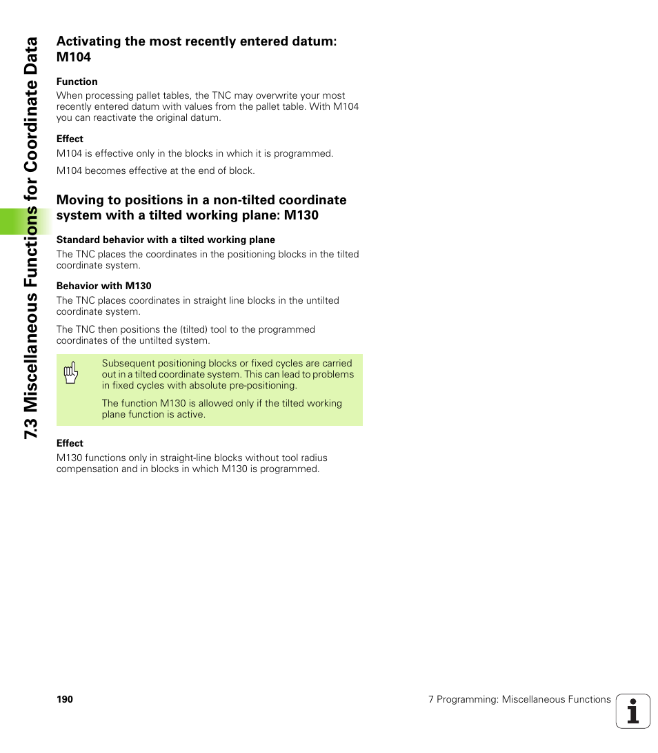 Activating the most recently entered datum: m104 | HEIDENHAIN iTNC 530 (340 420) ISO programming User Manual | Page 190 / 505