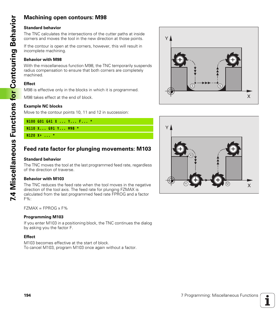 Machining open contours: m98, Feed rate factor for plunging movements: m103 | HEIDENHAIN iTNC 530 (340 420) ISO programming User Manual | Page 194 / 505