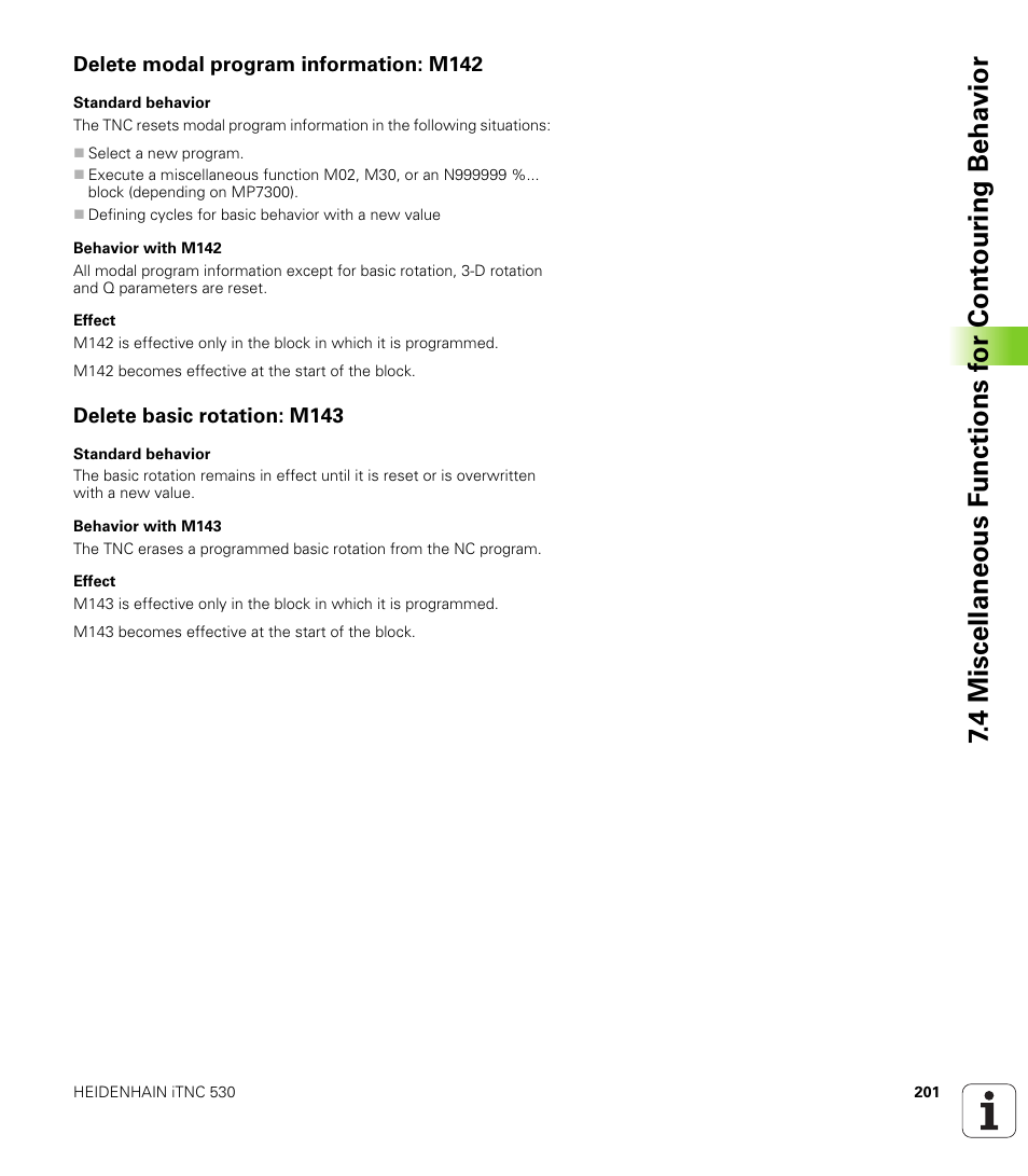 Delete modal program information: m142, Delete basic rotation: m143 | HEIDENHAIN iTNC 530 (340 420) ISO programming User Manual | Page 201 / 505