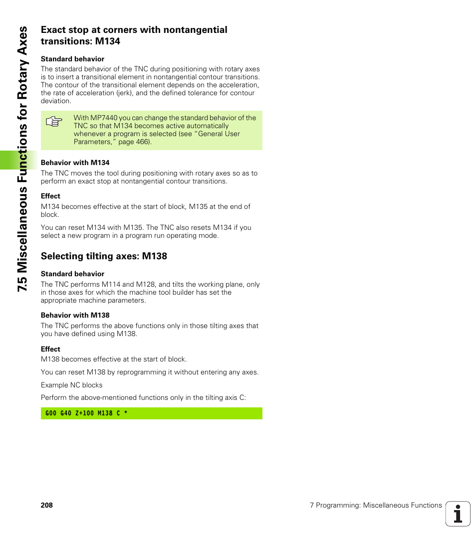 Selecting tilting axes: m138, 5 miscellaneous f unctions f or rotary ax es | HEIDENHAIN iTNC 530 (340 420) ISO programming User Manual | Page 208 / 505