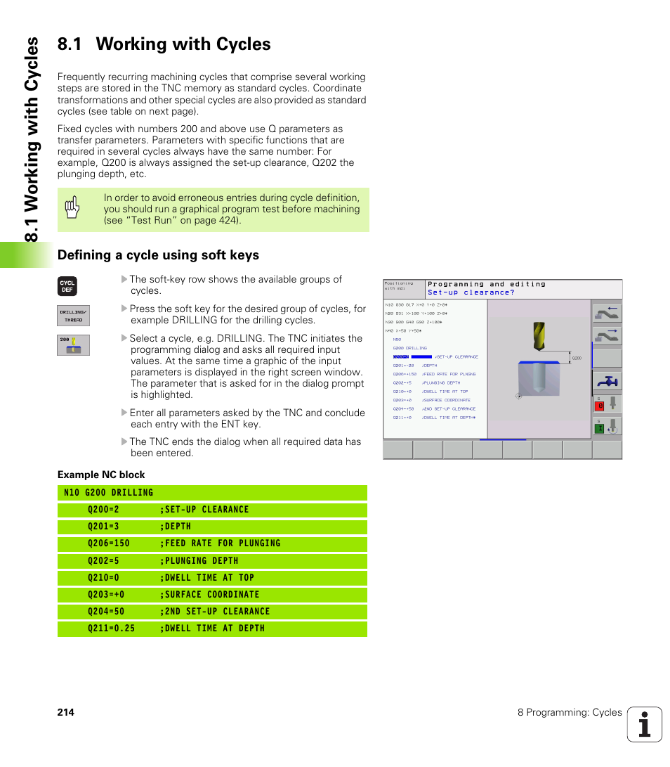 1 working with cycles, Defining a cycle using soft keys, 1 w or k ing with cy cles 8.1 working with cycles | HEIDENHAIN iTNC 530 (340 420) ISO programming User Manual | Page 214 / 505