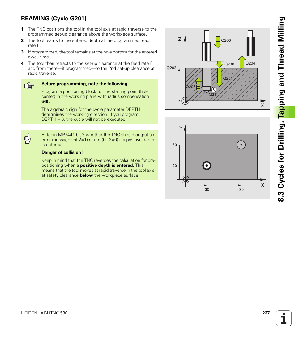 Reaming (cycle g201) | HEIDENHAIN iTNC 530 (340 420) ISO programming User Manual | Page 227 / 505