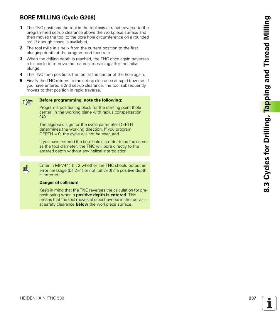 Bore milling (cycle g208) | HEIDENHAIN iTNC 530 (340 420) ISO programming User Manual | Page 237 / 505