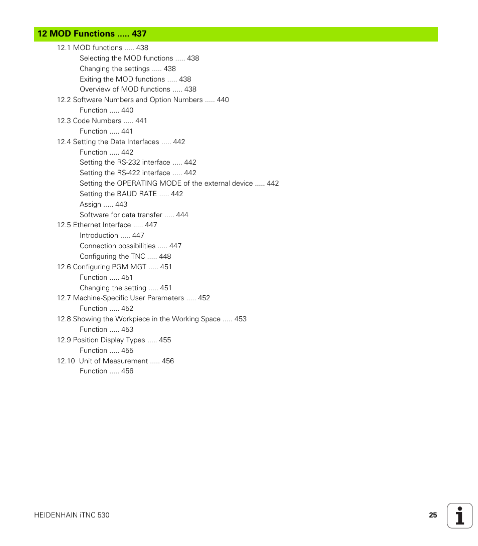 Mod functions | HEIDENHAIN iTNC 530 (340 420) ISO programming User Manual | Page 25 / 505