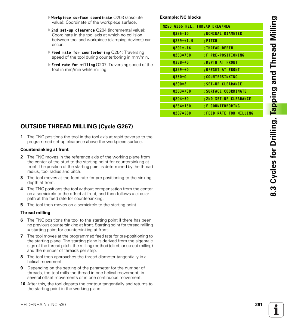 Outside thread milling (cycle g267) | HEIDENHAIN iTNC 530 (340 420) ISO programming User Manual | Page 261 / 505