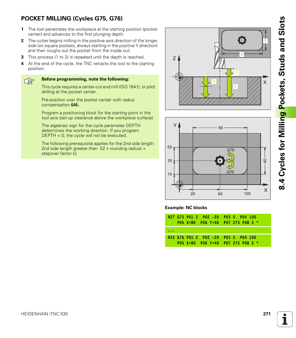 Pocket milling (cycles g75, g76) | HEIDENHAIN iTNC 530 (340 420) ISO programming User Manual | Page 271 / 505