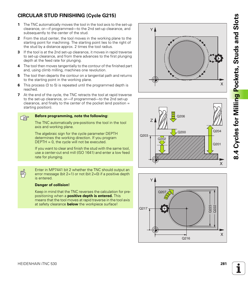 Circular stud finishing (cycle g215) | HEIDENHAIN iTNC 530 (340 420) ISO programming User Manual | Page 281 / 505