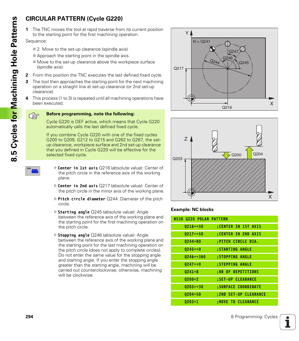 Circular pattern (cycle g220), G220 circular pattern | HEIDENHAIN iTNC 530 (340 420) ISO programming User Manual | Page 294 / 505