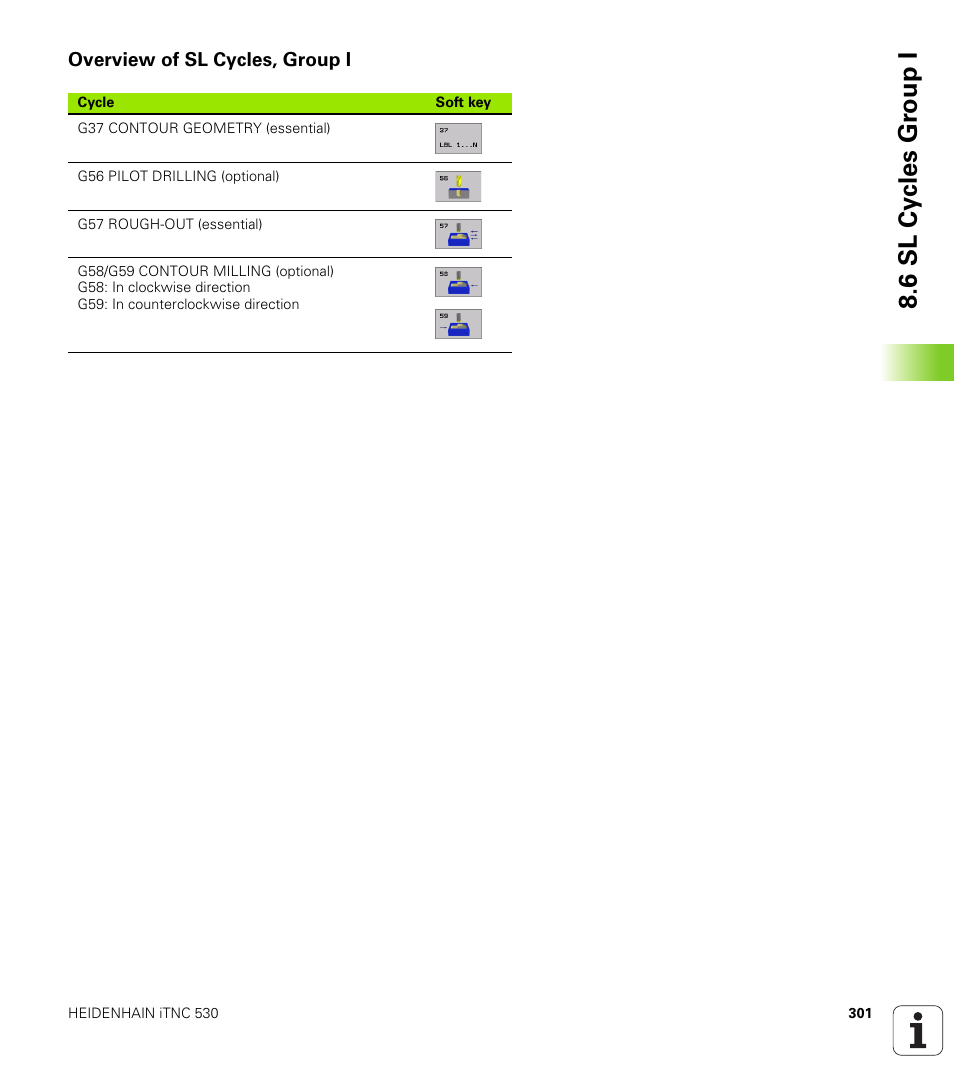 Overview of sl cycles, group i, 6 sl cy cles gr oup i | HEIDENHAIN iTNC 530 (340 420) ISO programming User Manual | Page 301 / 505