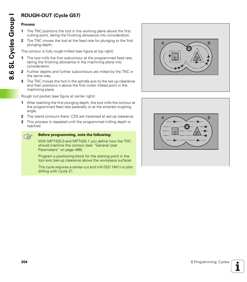 Rough-out (cycle g57), G57 rough-out (essential), 6 sl cy cles gr oup i | HEIDENHAIN iTNC 530 (340 420) ISO programming User Manual | Page 304 / 505