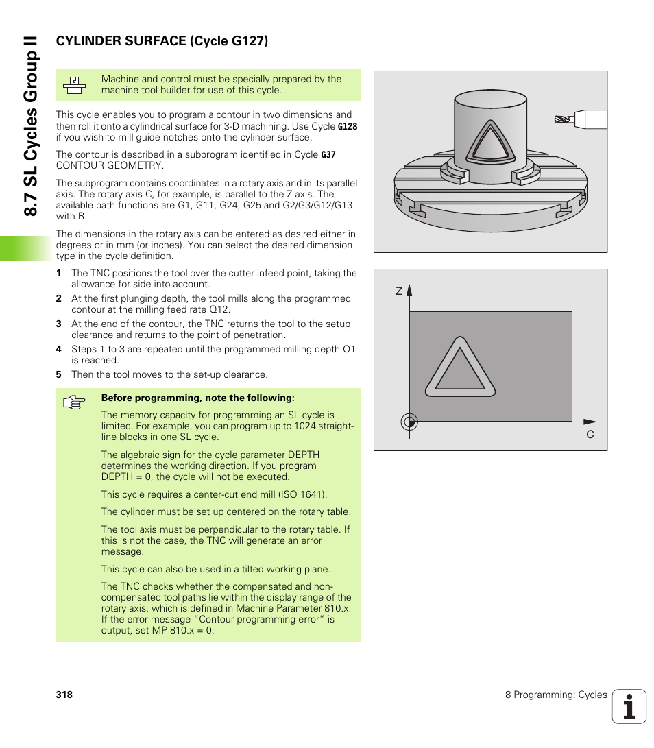 Cylinder surface (cycle g127), G127 cylinder surface, 7 sl cy cles gr oup ii | HEIDENHAIN iTNC 530 (340 420) ISO programming User Manual | Page 318 / 505
