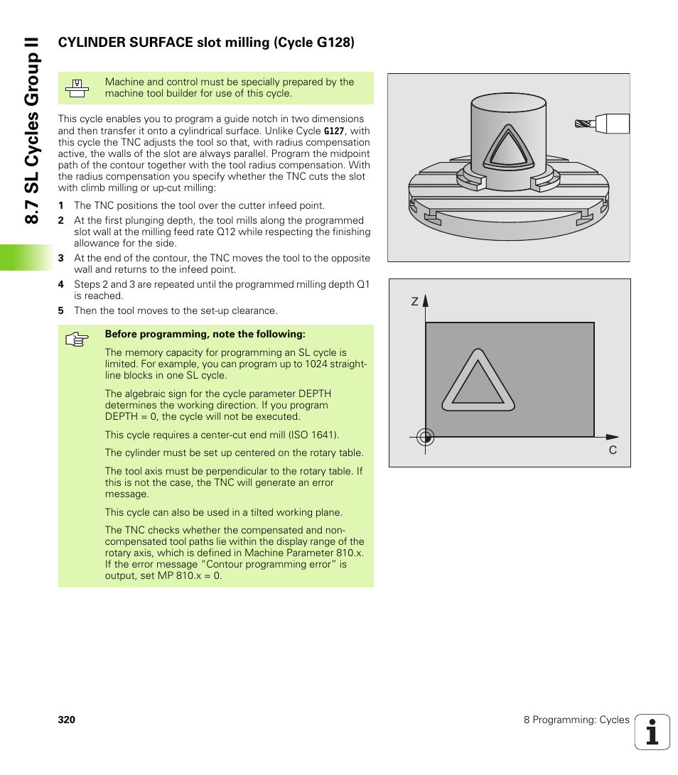 Cylinder surface slot milling (cycle g128), G128 cylinder surface slot milling, 7 sl cy cles gr oup ii | HEIDENHAIN iTNC 530 (340 420) ISO programming User Manual | Page 320 / 505