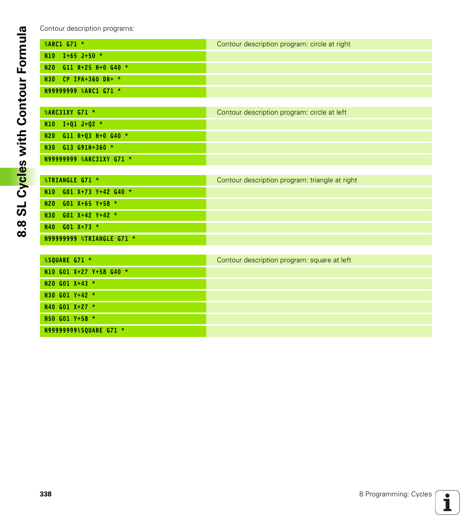 8 sl cy cles with cont our f or m ula | HEIDENHAIN iTNC 530 (340 420) ISO programming User Manual | Page 338 / 505