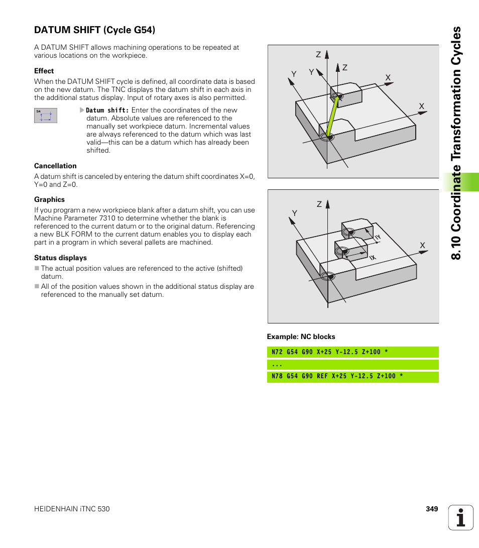 Datum shift (cycle g54), 1 0 coor di na te t ra n s for m ati on cy cle s | HEIDENHAIN iTNC 530 (340 420) ISO programming User Manual | Page 349 / 505