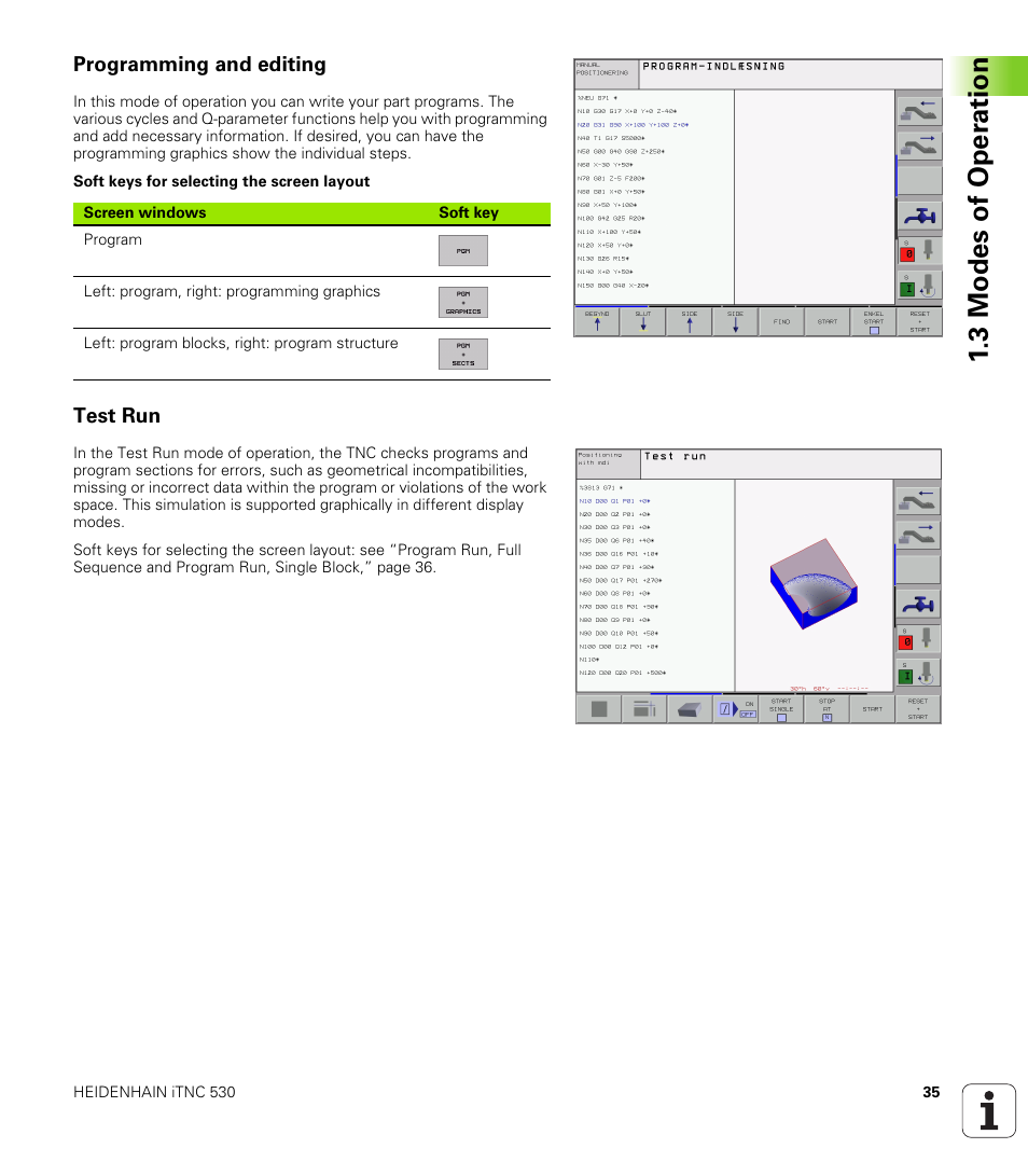 Programming and editing, Test run, 3 modes of oper ation | HEIDENHAIN iTNC 530 (340 420) ISO programming User Manual | Page 35 / 505