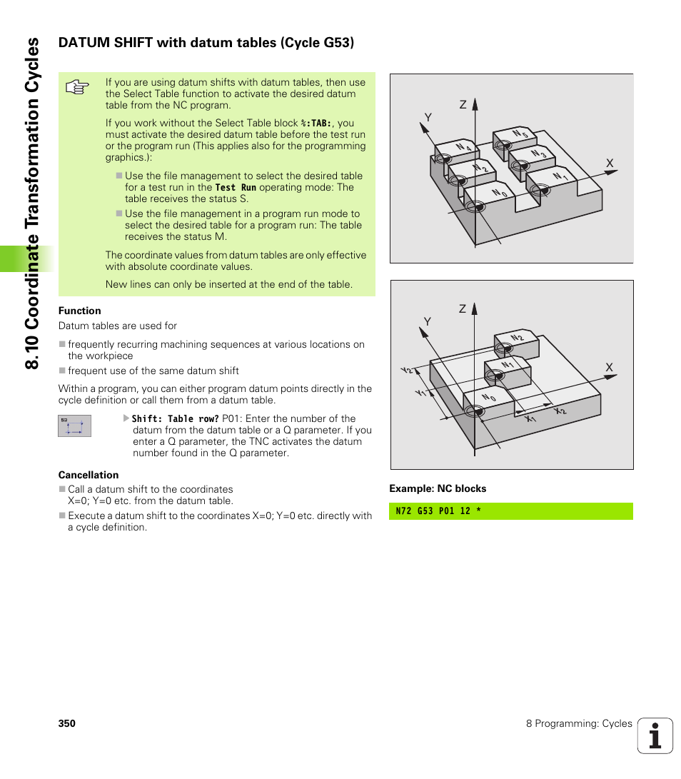 Datum shift with datum tables (cycle g53), 1 0 coor di na te t ra n s for m ati on cy cle s | HEIDENHAIN iTNC 530 (340 420) ISO programming User Manual | Page 350 / 505