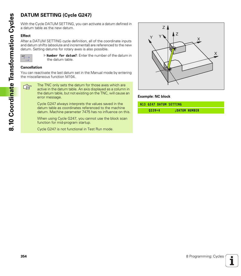 Datum setting (cycle g247), 1 0 coor di na te t ra n s for m ati on cy cle s | HEIDENHAIN iTNC 530 (340 420) ISO programming User Manual | Page 354 / 505
