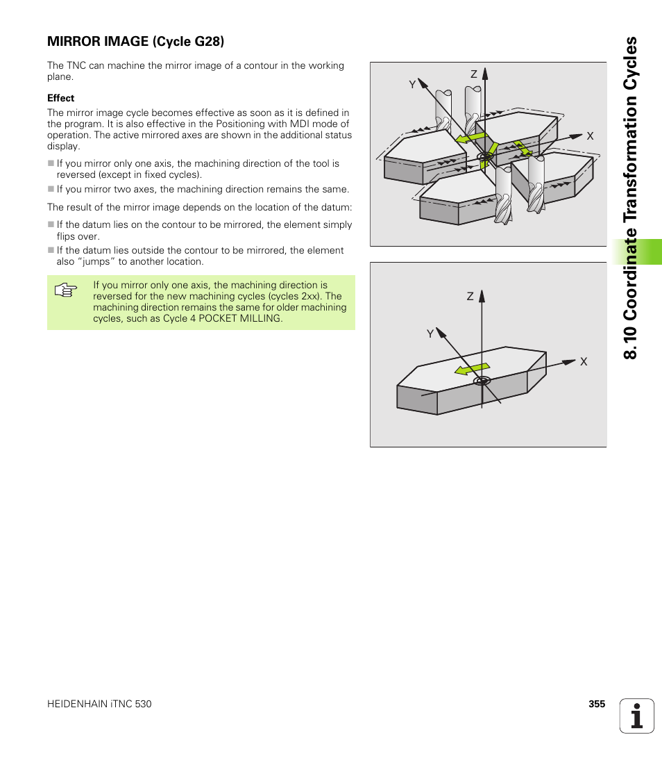 Mirror image (cycle g28), G28 mirror image mirroring contours, 1 0 coor di na te t ra n s for m ati on cy cle s | HEIDENHAIN iTNC 530 (340 420) ISO programming User Manual | Page 355 / 505