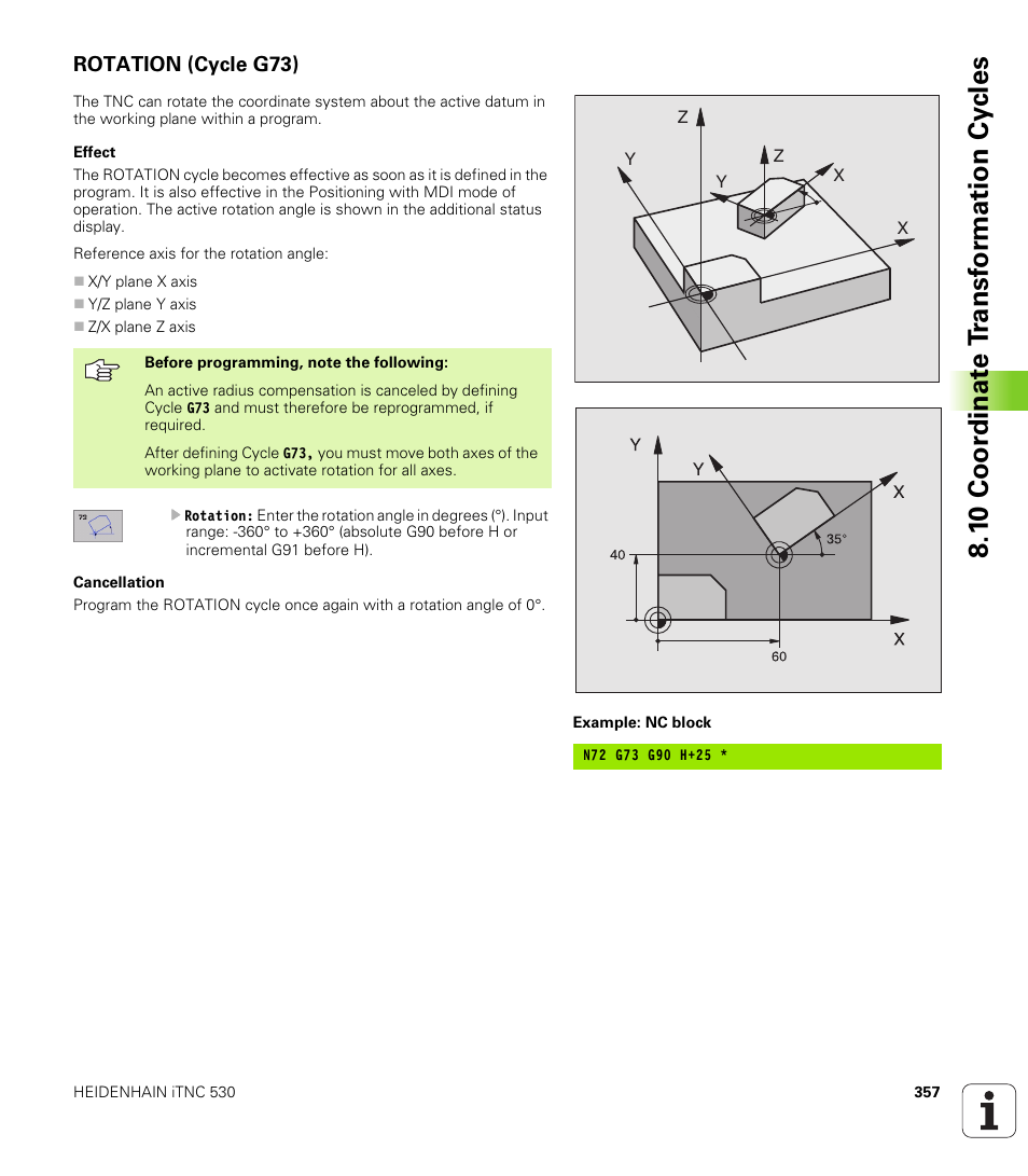 Rotation (cycle g73), 1 0 coor di na te t ra n s for m ati on cy cle s | HEIDENHAIN iTNC 530 (340 420) ISO programming User Manual | Page 357 / 505