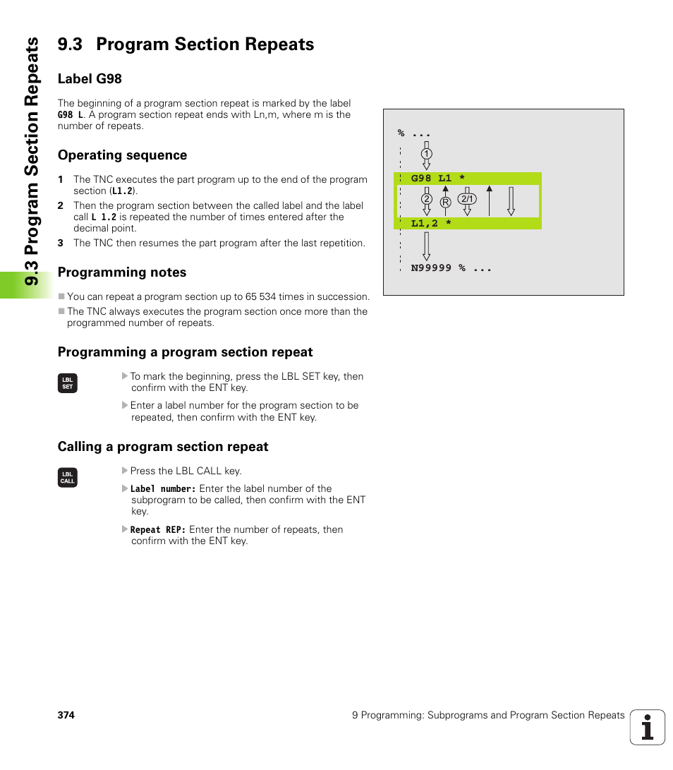 3 program section repeats, Label g98, Operating sequence | Programming notes, Programming a program section repeat, Calling a program section repeat | HEIDENHAIN iTNC 530 (340 420) ISO programming User Manual | Page 374 / 505