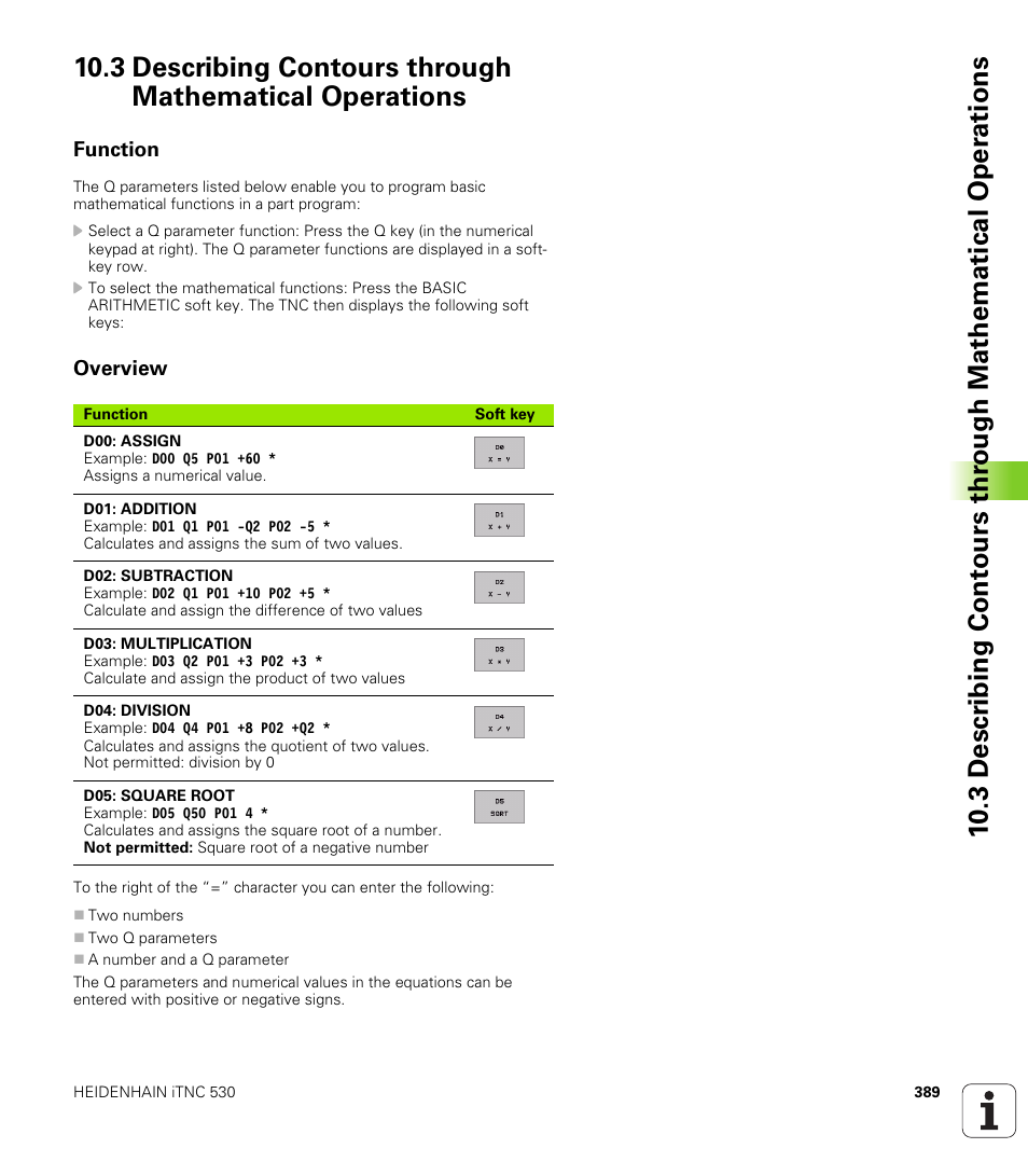 Function, Overview, Divide, square root) | HEIDENHAIN iTNC 530 (340 420) ISO programming User Manual | Page 389 / 505