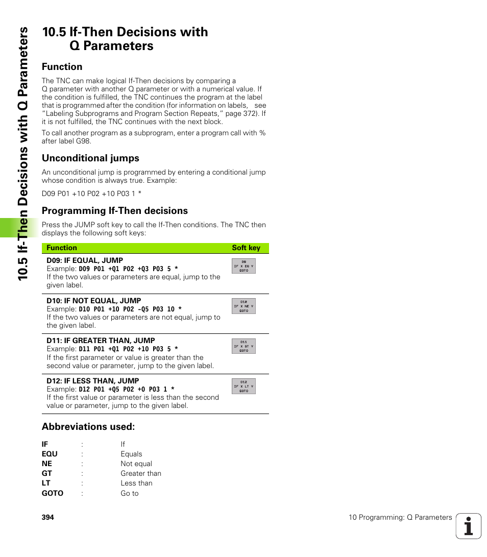 5 if-then decisions with q parameters, Function, Unconditional jumps | Programming if-then decisions, Abbreviations used, If/then conditions, jumps | HEIDENHAIN iTNC 530 (340 420) ISO programming User Manual | Page 394 / 505