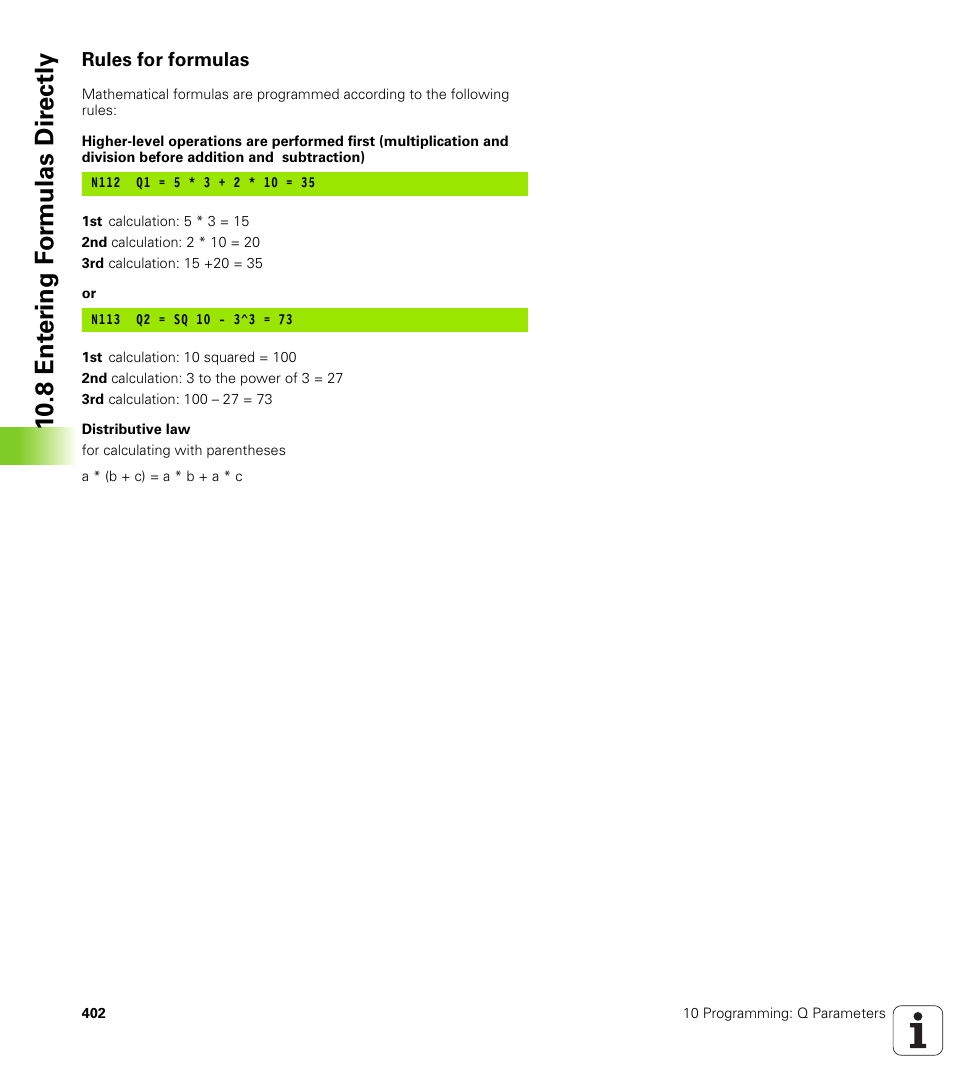 Rules for formulas, 10 .8 ent er ing f o rm ulas dir e ctly | HEIDENHAIN iTNC 530 (340 420) ISO programming User Manual | Page 402 / 505