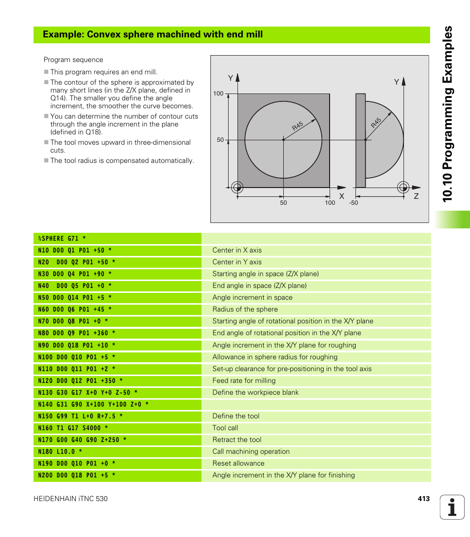 10 .1 0 pr ogr amming examples, Example: convex sphere machined with end mill | HEIDENHAIN iTNC 530 (340 420) ISO programming User Manual | Page 413 / 505