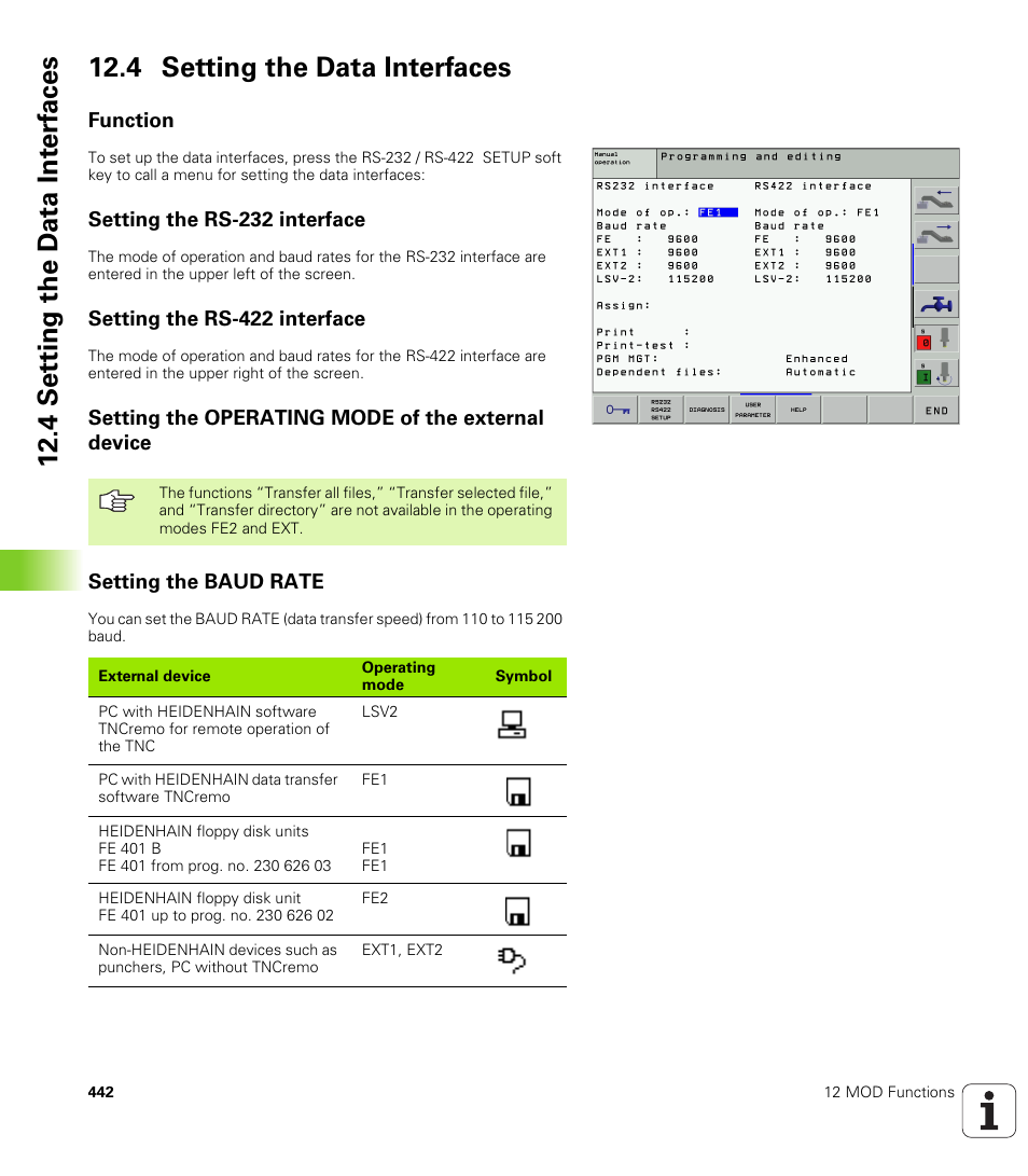 4 setting the data interfaces, Function, Setting the rs-232 interface | Setting the rs-422 interface, Setting the operating mode of the external device, Setting the baud rate, Set data interface, Setting the data interface | HEIDENHAIN iTNC 530 (340 420) ISO programming User Manual | Page 442 / 505