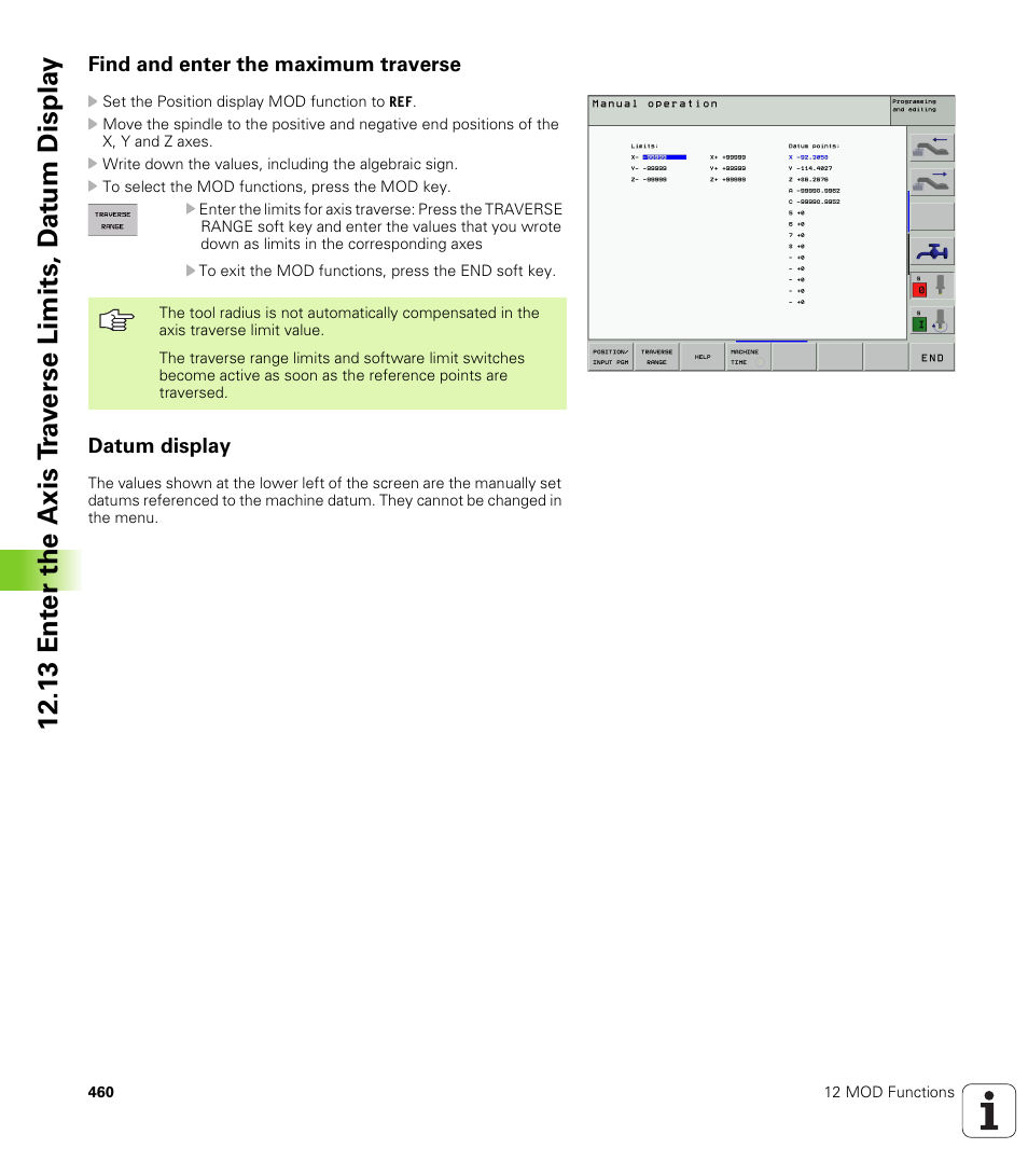 Find and enter the maximum traverse, Datum display, Display the datums | HEIDENHAIN iTNC 530 (340 420) ISO programming User Manual | Page 460 / 505