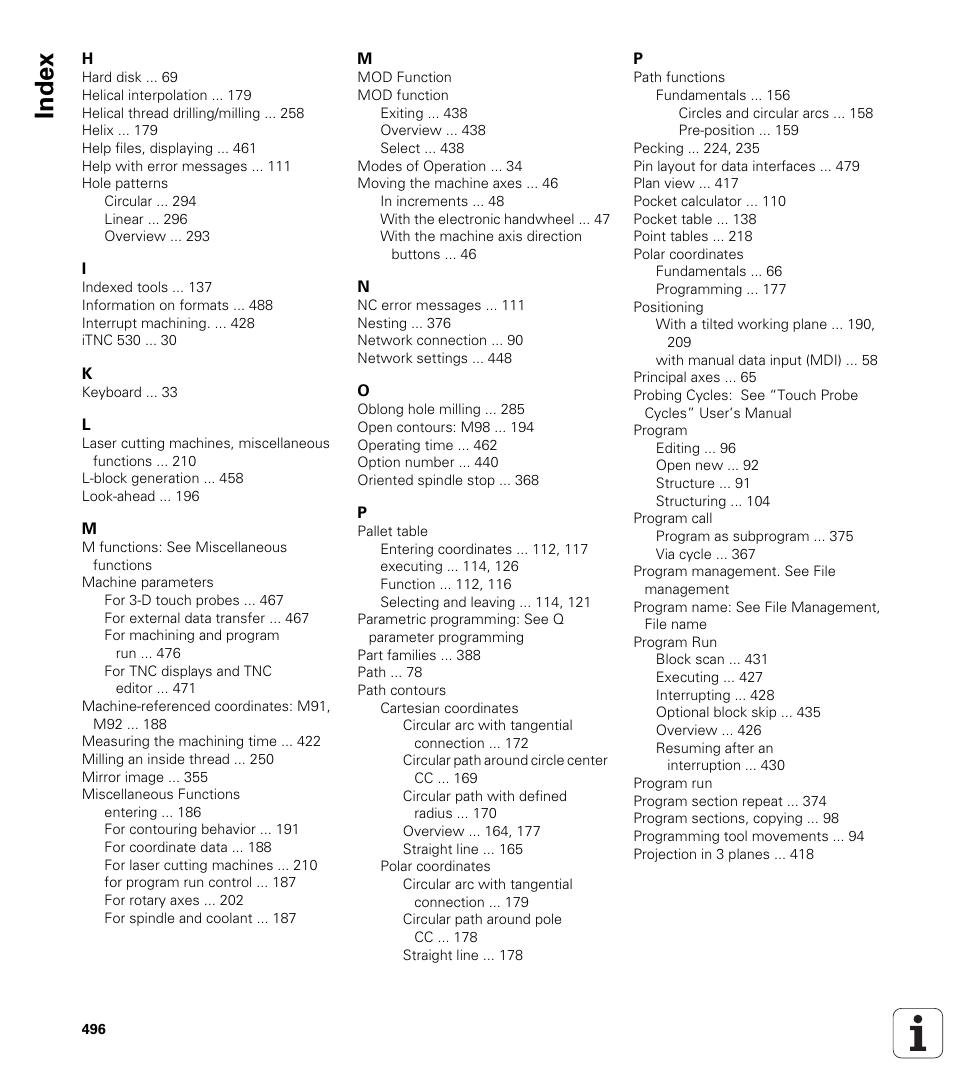 Index | HEIDENHAIN iTNC 530 (340 420) ISO programming User Manual | Page 496 / 505